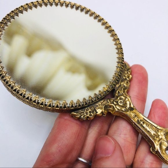 Victorian Brass Hand Mirror 7x3" Filigree Vintage - Picture 2 of 5